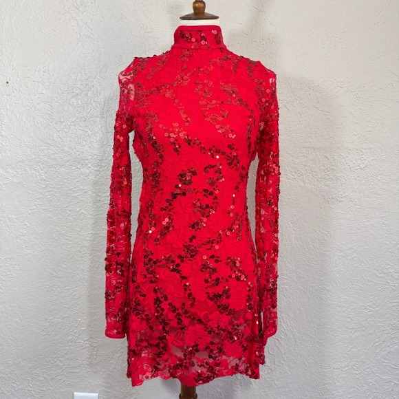 Balera Dance Costume Streak Lace Dress Adult L Red Sequin Sheer D10125 Weissman - Picture 2 of 14